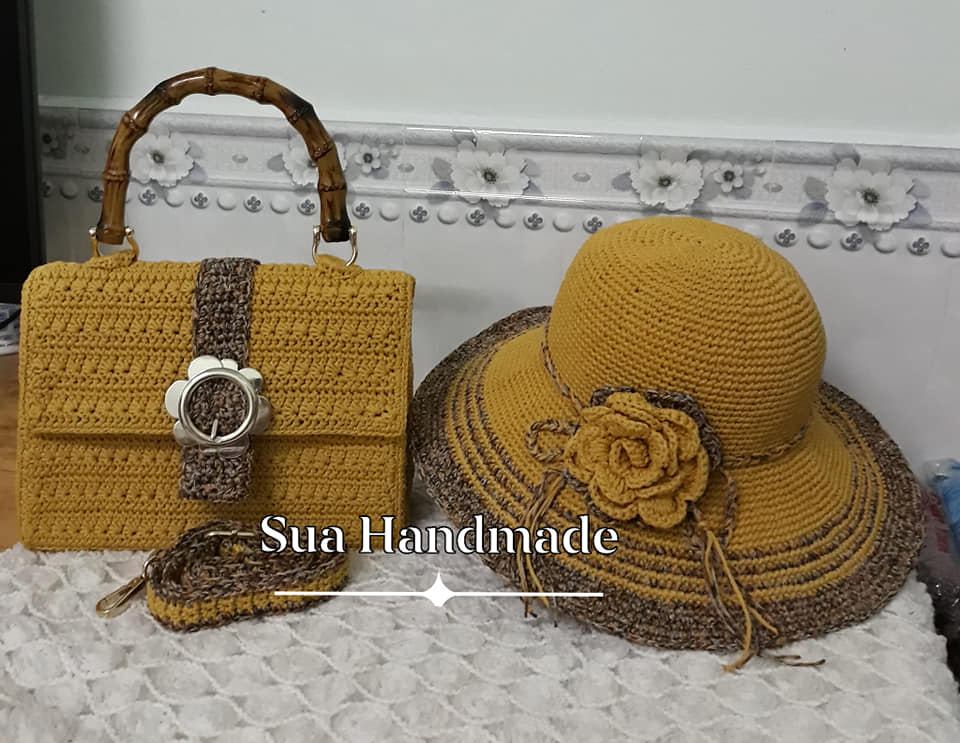 combo túi và nón hoa hồng