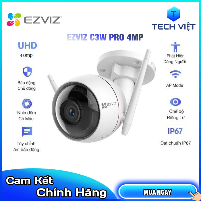[HÀNG CHÍNH HÃNG] Camera EZVIZ C3W Pro 4M Màu Sắc 24/7, Nhận Diện Người AI, Báo Động, Đàm Thoại 2 Chiều - TECH VIỆT