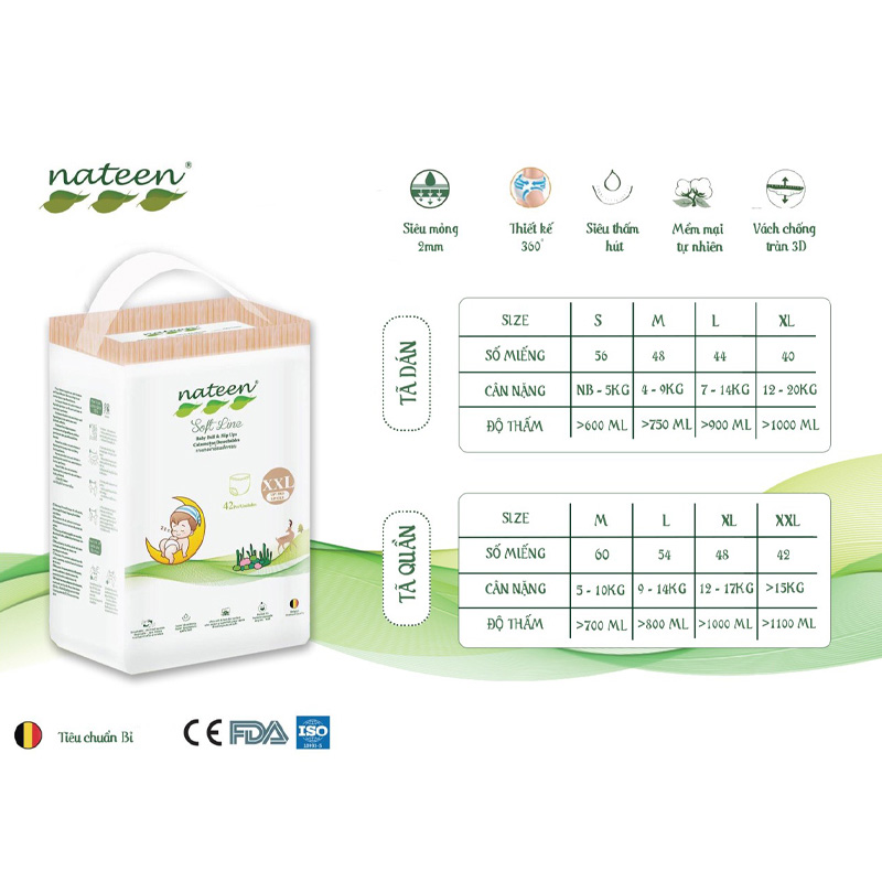 Bỉm dán Nateen Bỉ ( Bỉm hữu cơ Châu Âu)