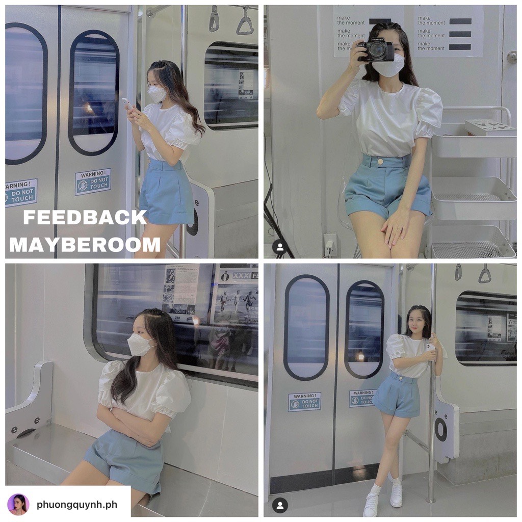 Áo sơ mi cổ tròn Tay bồng Macaron Mayberoom
