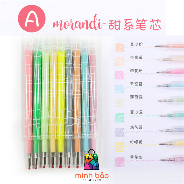 Bộ 9 bút gel nhiều màu, tông màu morandi, nét 0.5 mm / ngòi thay thế