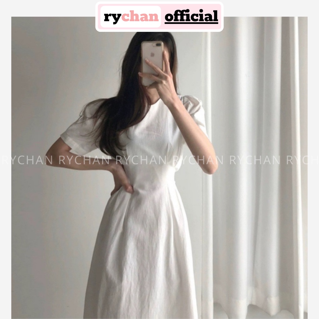Đầm Xòe Midi Tay Phồng Cột Eo 2 Màu Đơn Giản  - DX0069