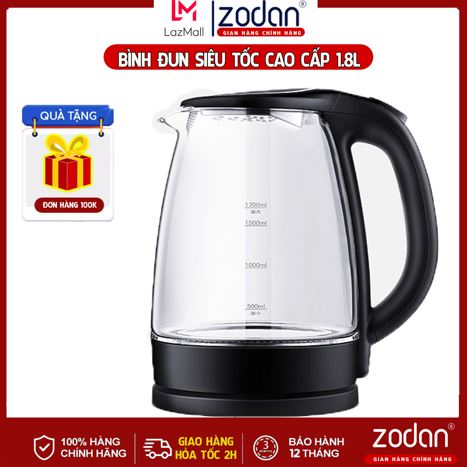 Ấm đun siêu tốc Bình đun nước thủy tinh siêu tốc 1.8L - Bảo Hành 1 Năm - Ấm đun siêu tốc- An toàn c