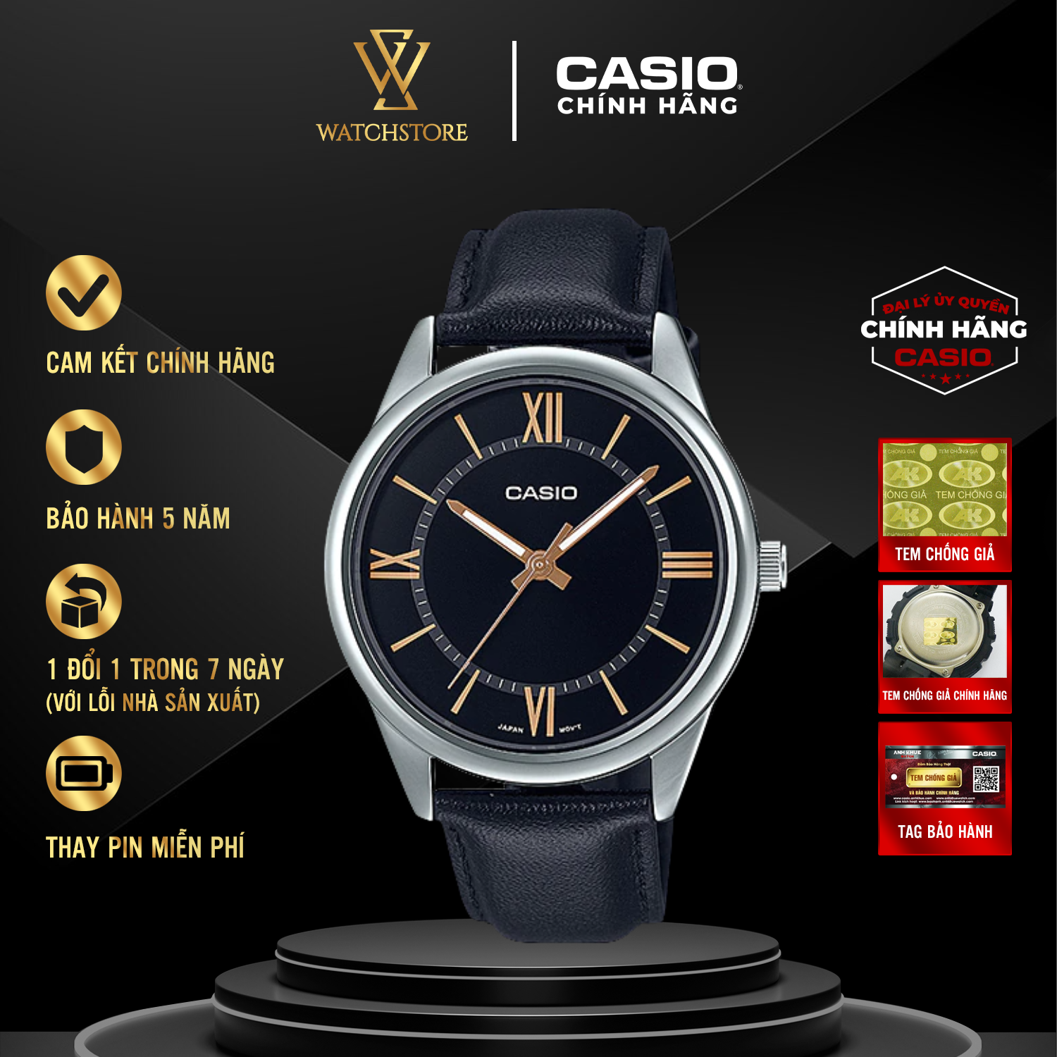 Đồng hồ nam casio mtp-v005l-1b5udf trang trọng lịch lãm mặt kính khoáng đen dạ quang 40mm chống nước dây da chính hãng casio watchstore