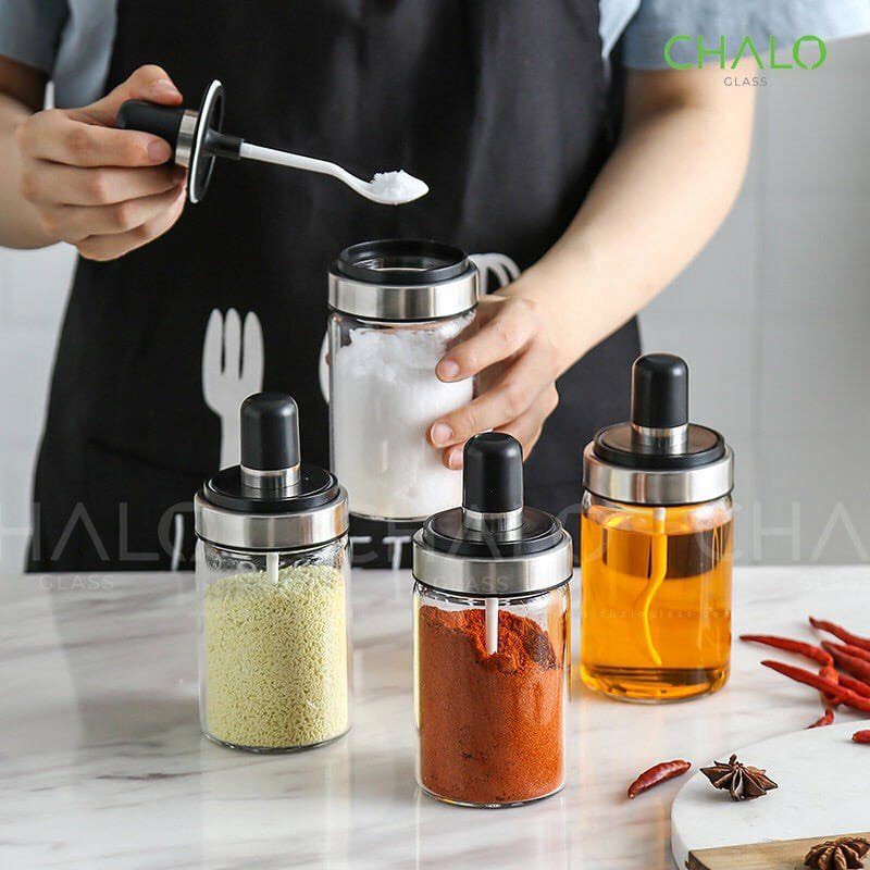 Combo 5 lọ đựng gia vị thủy tinh kèm thìa 250ml thủy tinh chịu nhiệt