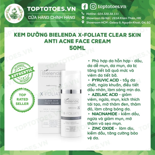 Kem dưỡng giảm mụn, mờ thâm Bielenda Professional X-Foliate Clear Skin Anti Acne Face Cream 50 ml