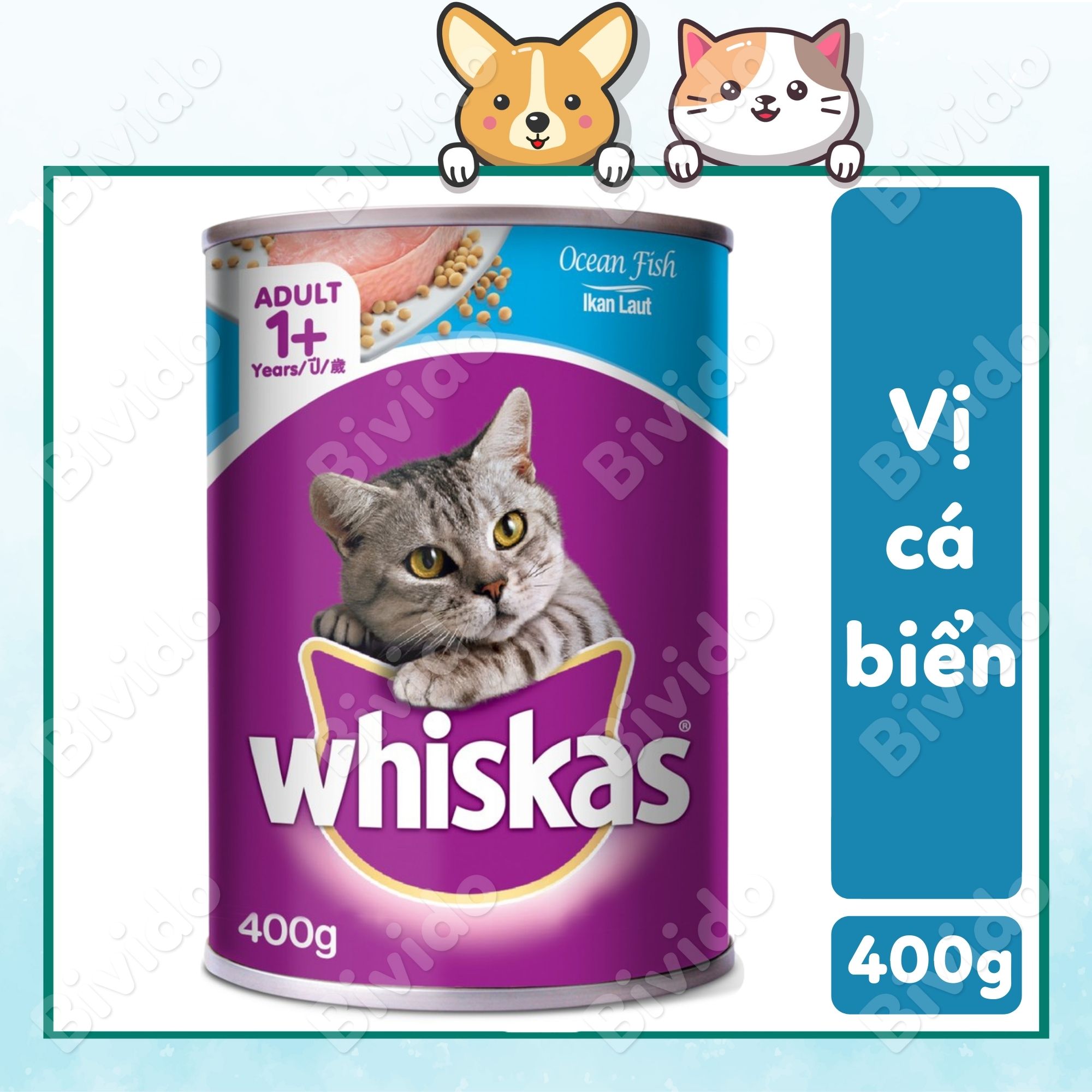 Pate Whiskas cho mèo lớn vị cá biển, cá thu, cá ngừ lon 400g - Bivido