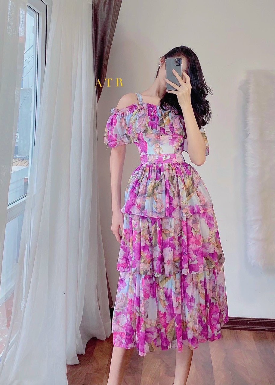 Đầm voan hoa tím mộng mơ nhiều tầng đẹp lung linh như hình ld22