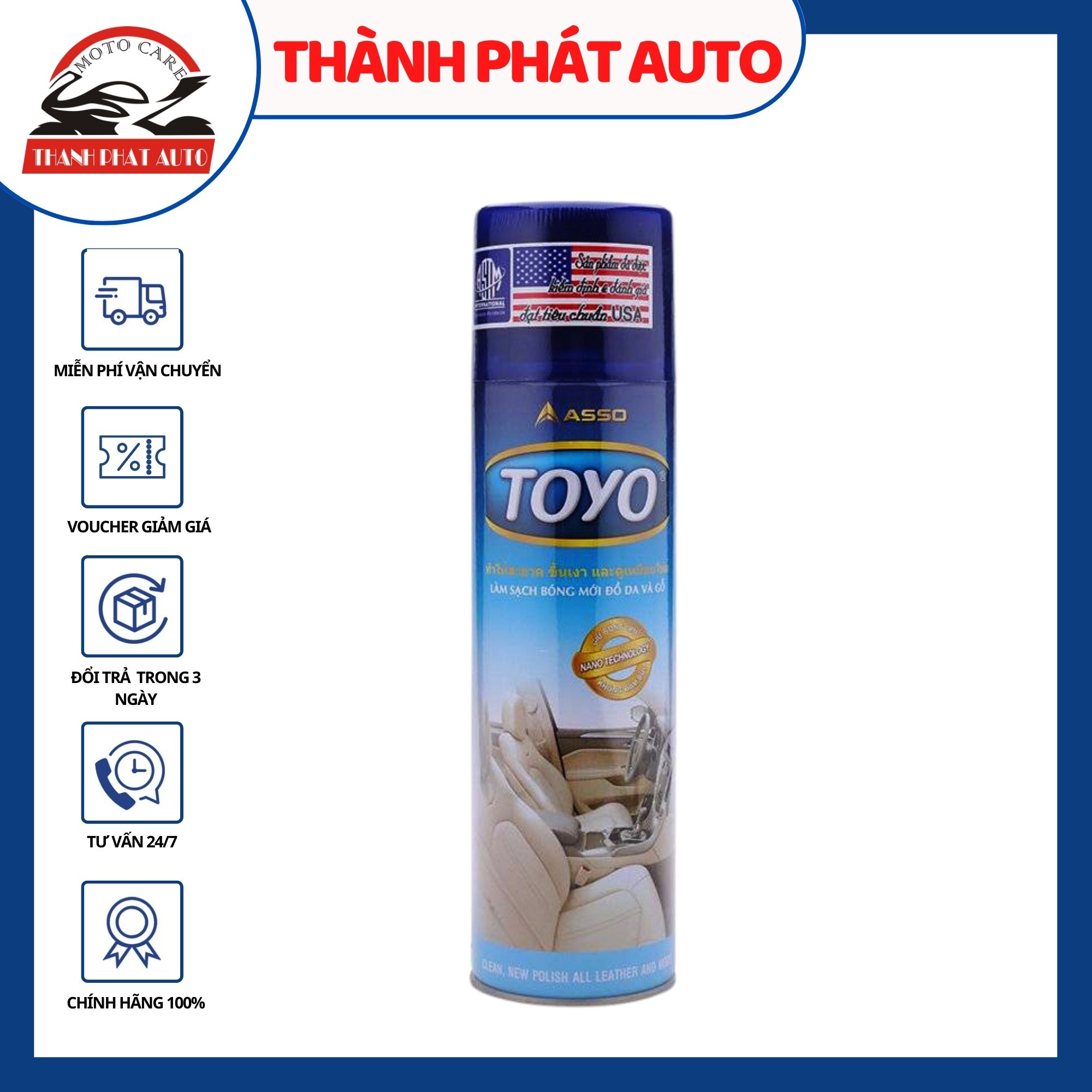 Bình xịt dưỡng bóng da, nhựa đen, nhựa màu nội thất ô tô Toyo 550ml