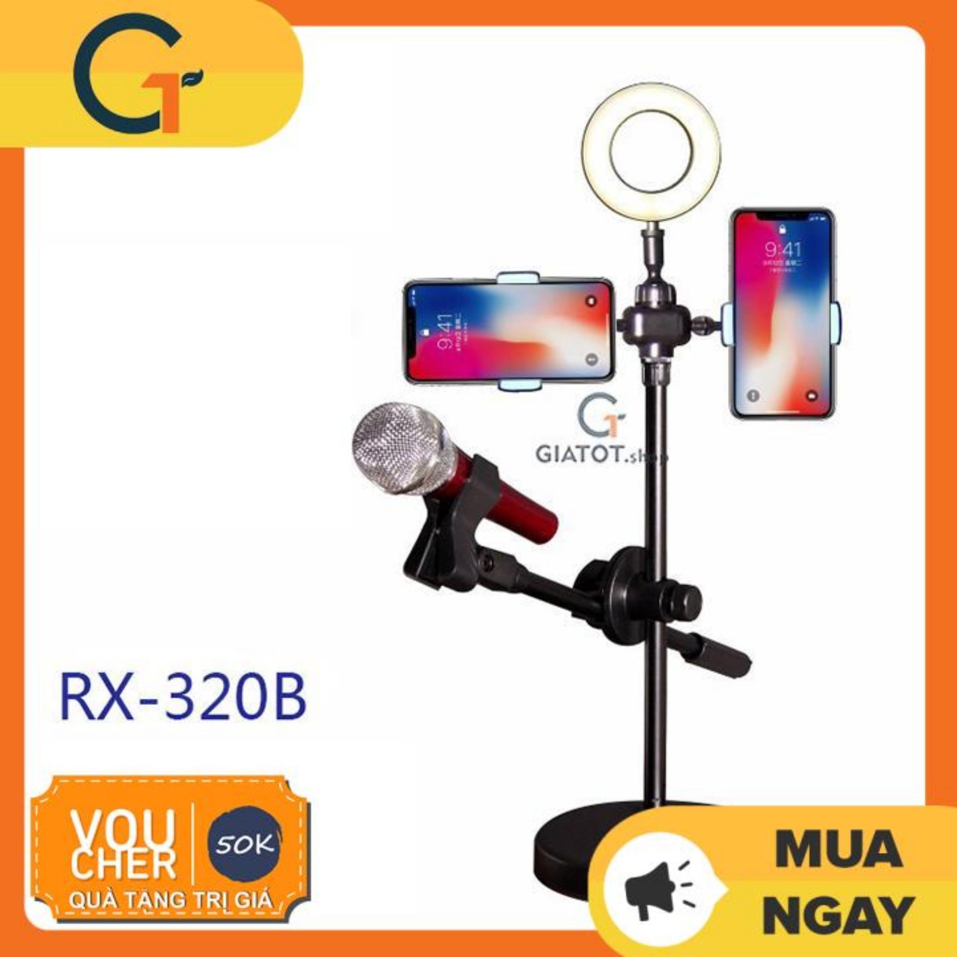 Chân kẹp micro thu âm để bàn livestream đa năng 4in1 có đèn LED tích hợp giá kẹp đa điện thoại RX-320B