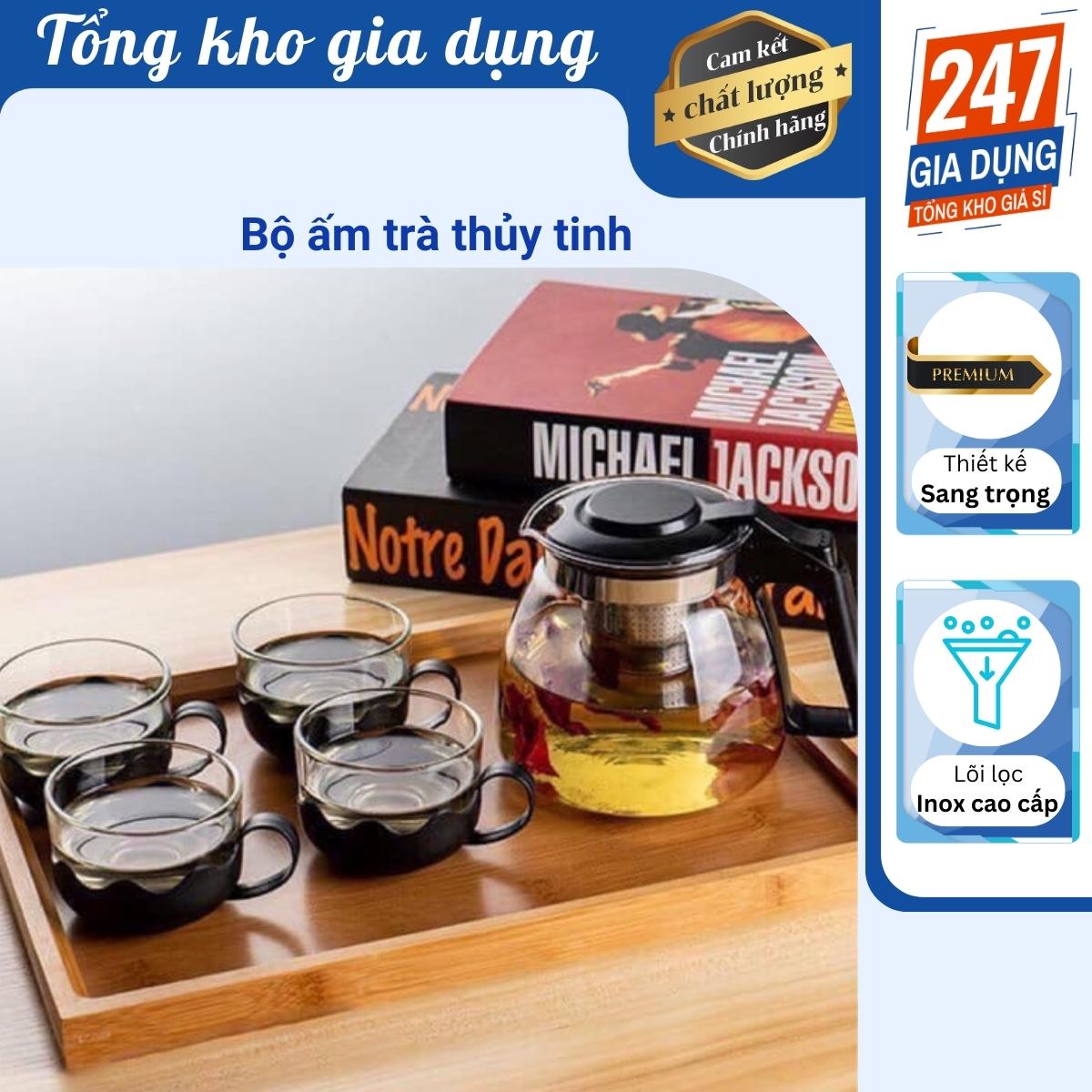 Bộ ấm trà thủy tinh, ấm trà và 4 ly