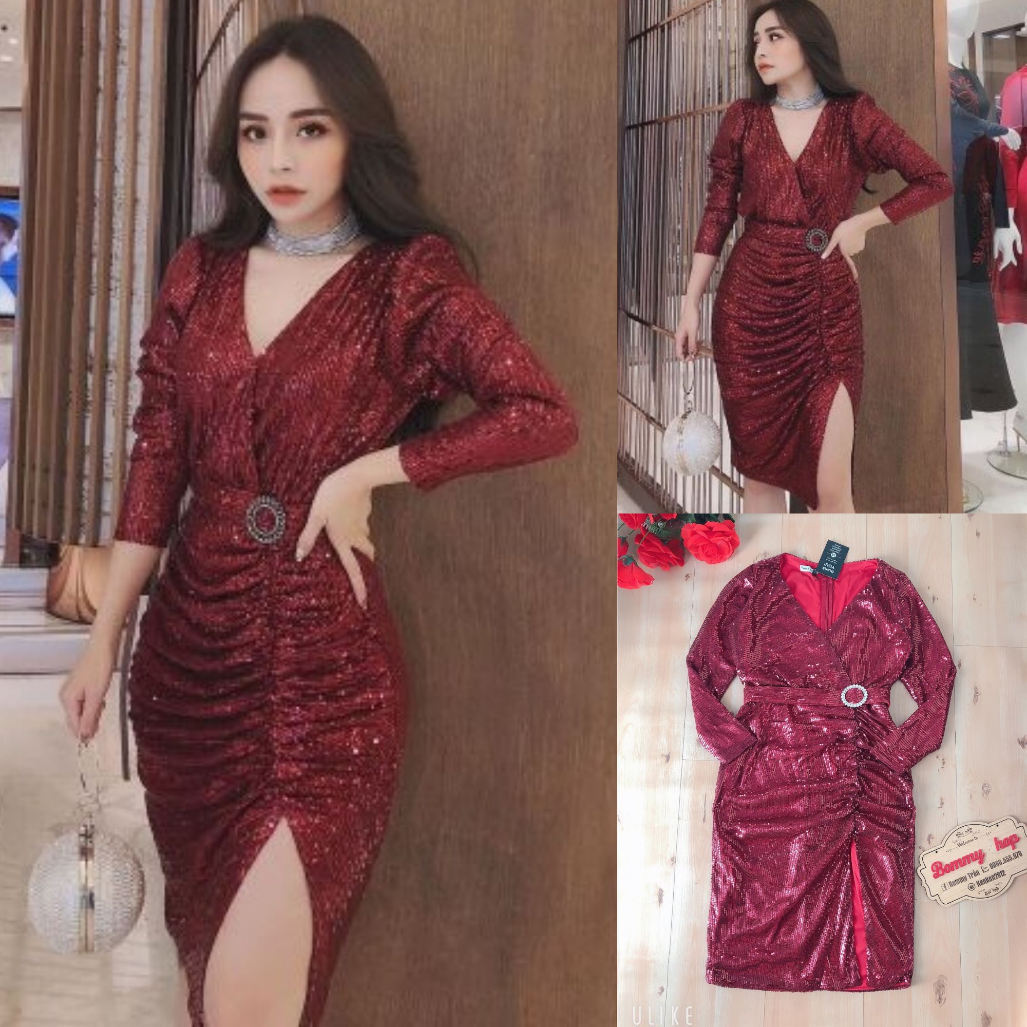 Đầm Body Kim Sa Cao Cấp eo phối belt đá xẻ đùi