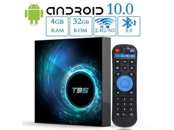 Android TV Box T95 độ phân giải 6K HDR, Ram 4GB bộ nhớ trong lên tới 32GB, 64GB hỗ trợ BLUETOOTH HĐH Android 10, cổng AV, 2 cổng USB, khe thẻ nhớ TF - Bảo hành 12 tháng