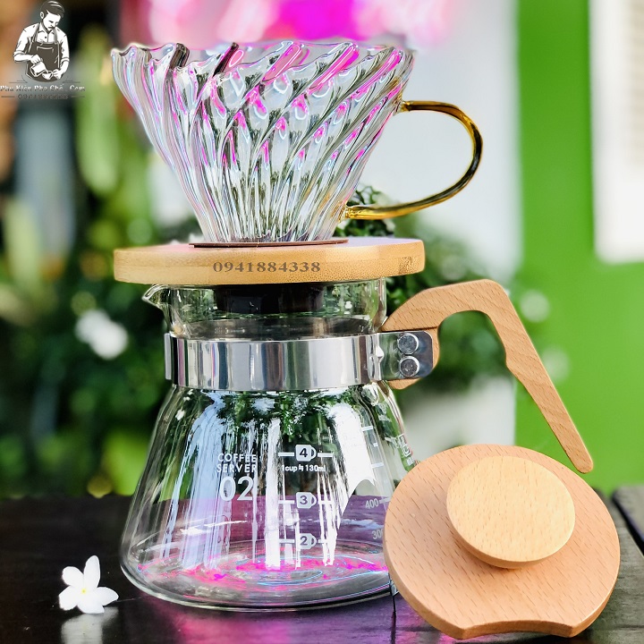 Bộ Bình Pha Cà Phê Drip Coffee,  Pour over V60 600ML Tay Cầm Gỗ