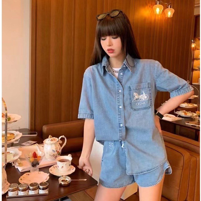 Set bộ sơ mi bò ngựa thêu