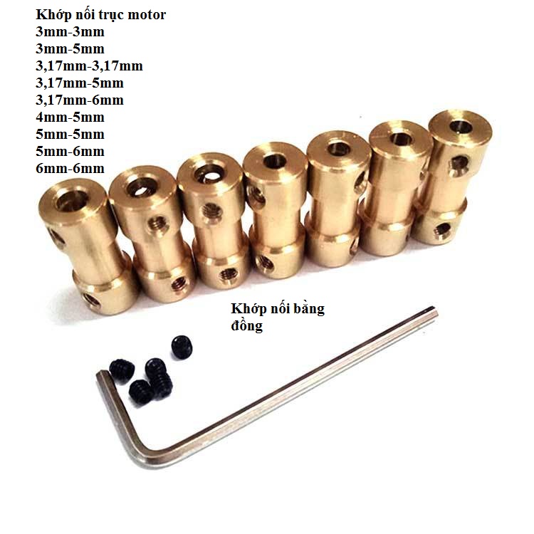 Khớp nối trục (Trục đồng nối motor) lỗ trục 3,17mm-3,17mm;3,17mm-5mm;3,17mm-6mm;3mm-3mm;3mm-5mm;4mm-5mm;5mm-5mm;5mm-6mm;6mm-6mm