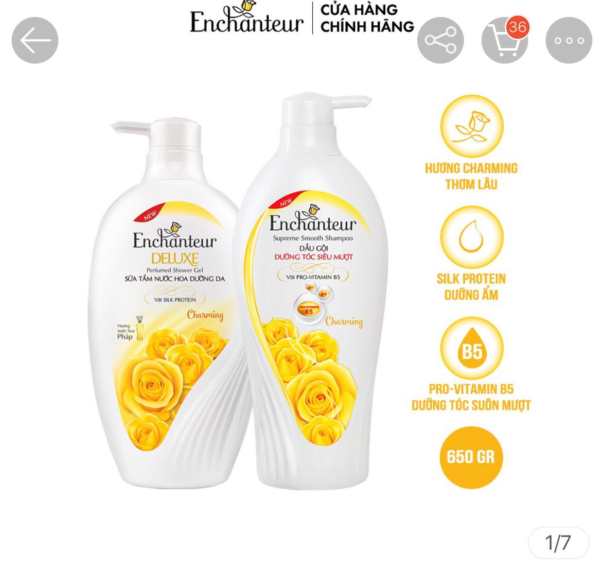 [HCM]Combo Dầu Gội và Sữa tắm nước hoa Enchanteur Charming 650g/Chai