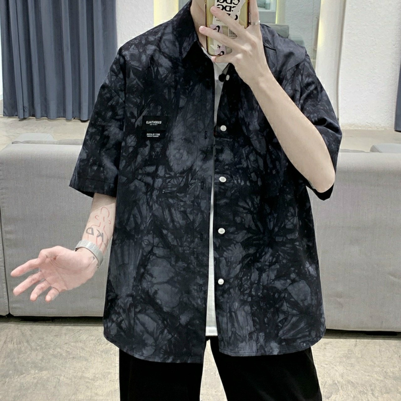 Áo sơ mi nam tay ngắn form rộng họa tiết loang màu hotfrend 2021 chất voan lụa dày mịn thoáng mát