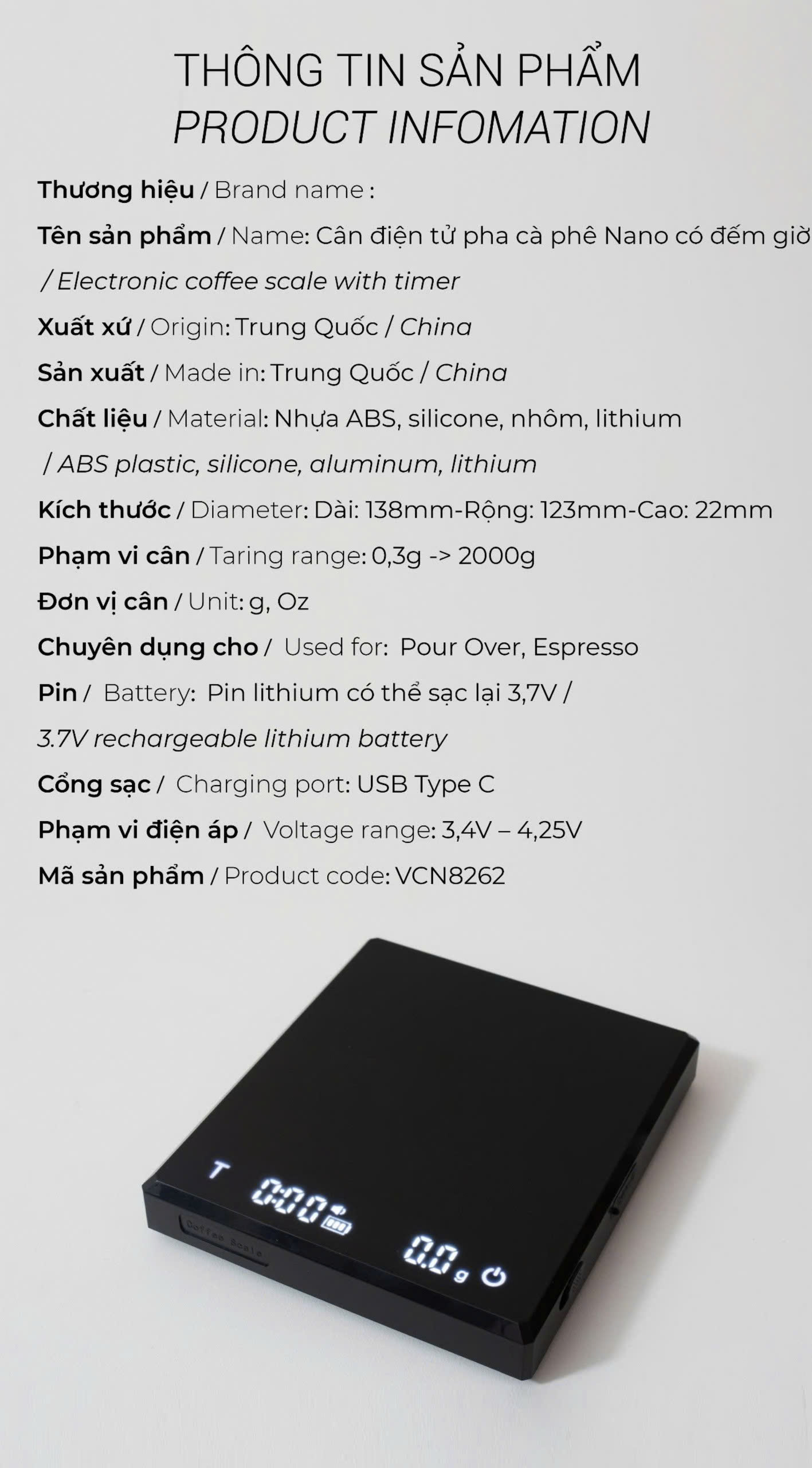 Cân điện tử pha cà phê Nano có đếm giờ pha Pour over