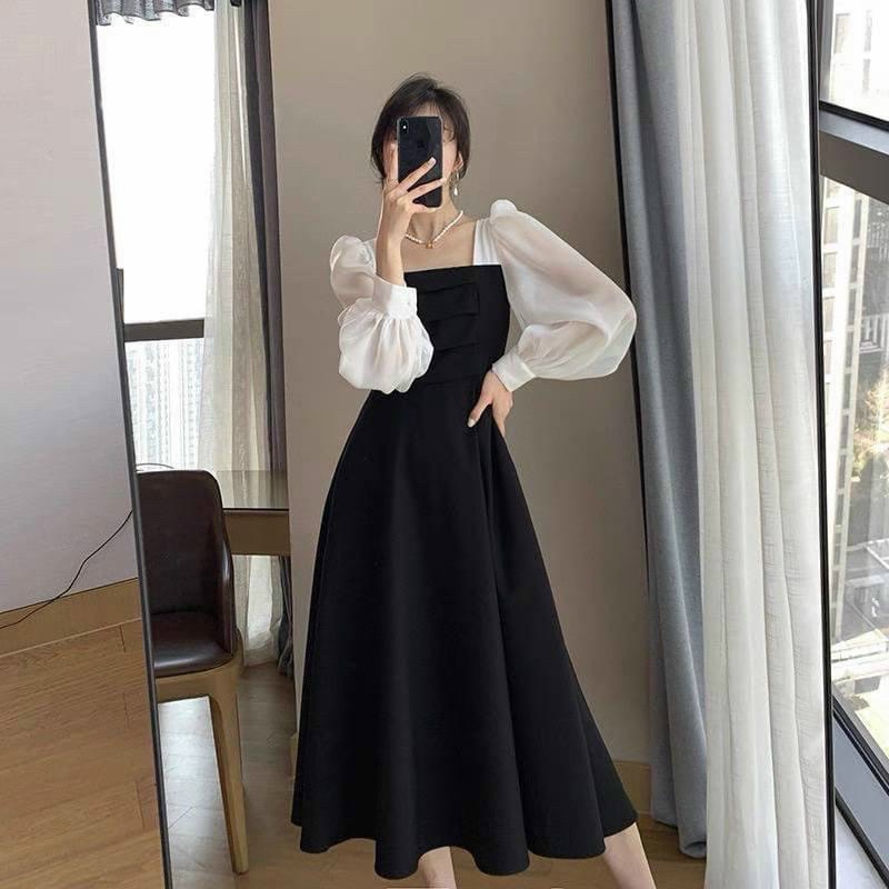 Đầm đen phối trắng tay dài