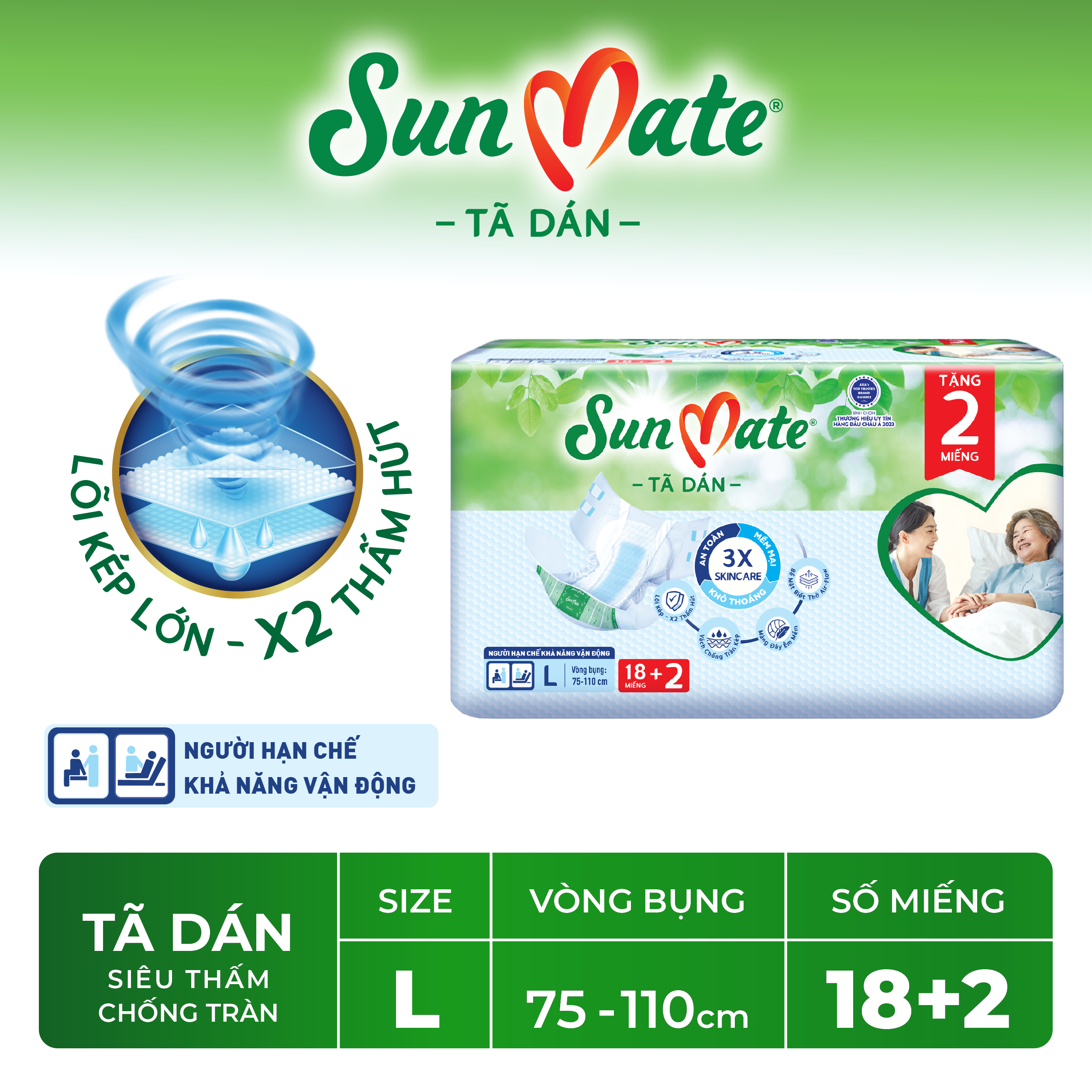 Combo 4 Tã dán người lớn SunMate size M/L/XL18 + 2 miếng