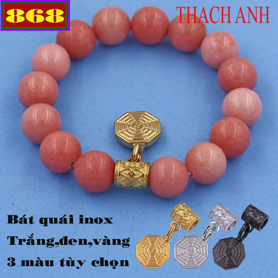 Vòng chuỗi thạch anh hồng đào 12 ly - charm bát quái inox trắng vtahdbqv12