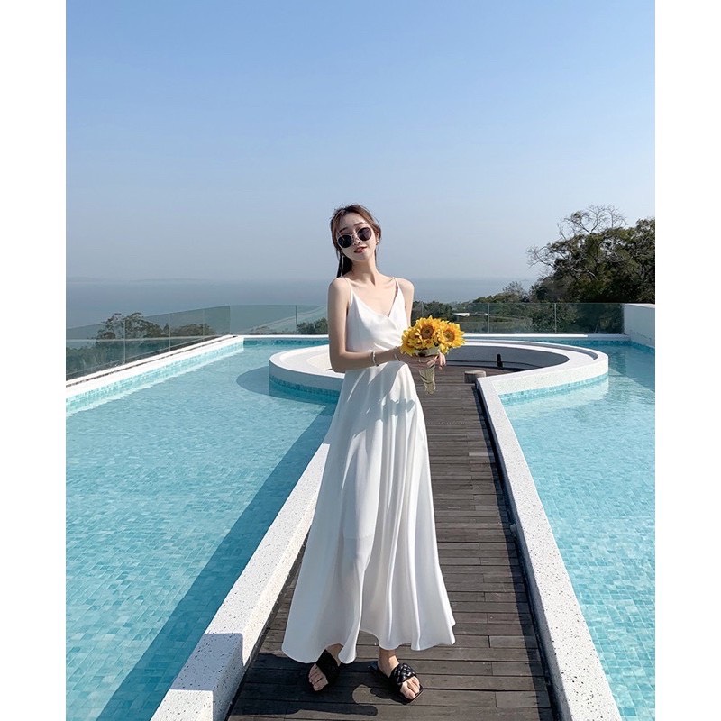 [HCM][mẫu mới 2021] đầm maxi đan dây thắt nơ lưng chất lụa mềm cao cấp