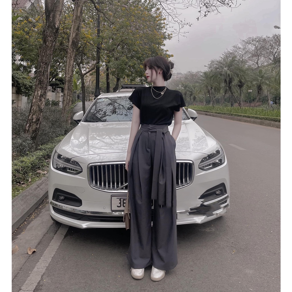 Set áo thun cotton croptop lụa cổ 3p mix quần xám xuông thụng nơ