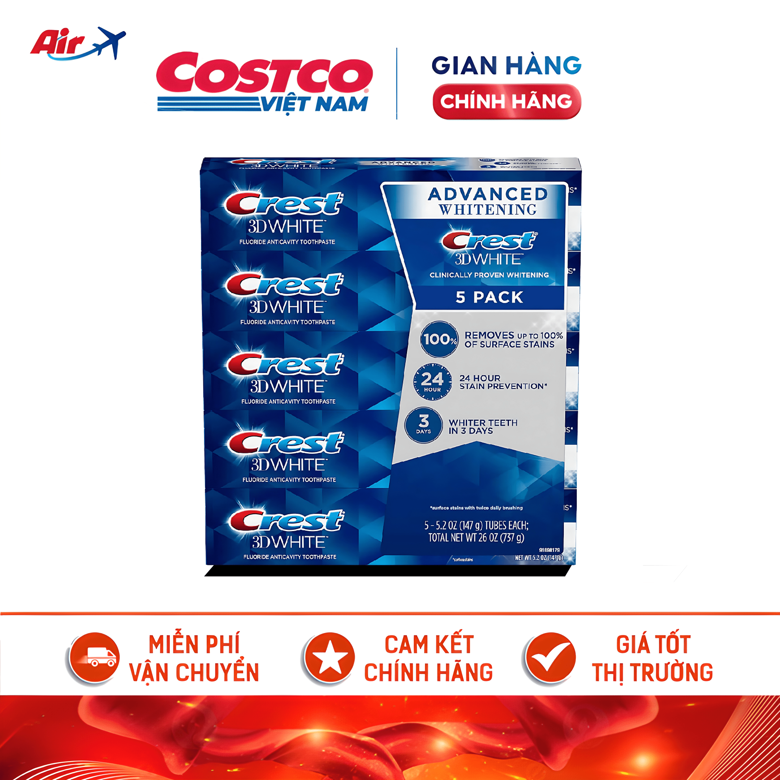 [Mẫu mới] Kem đánh răng CREST 3D WHITE ADVANCED TRIPLE WHITENING 147g