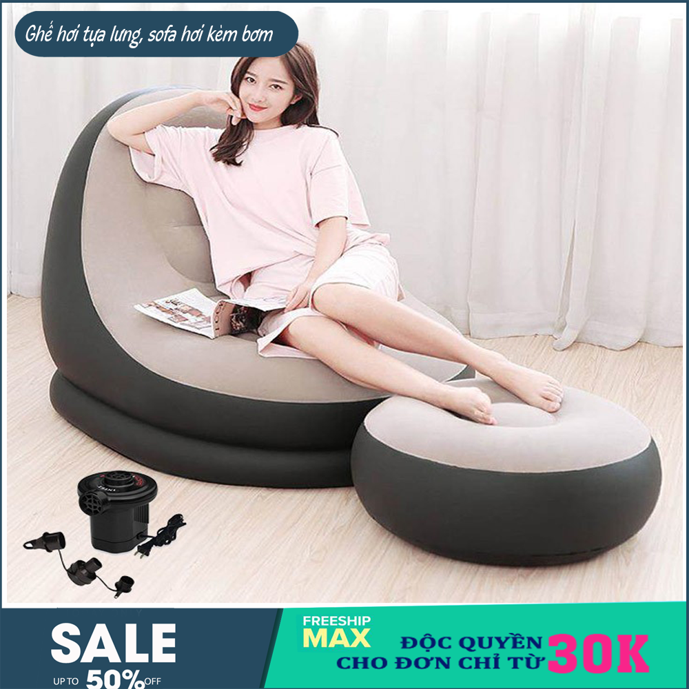 Ghế hơi, ghế hơi tựa lưng, sofa hơi [ TẶNG KÈM BƠM] ghế sofa hơi êm ái -  Ghế đệm hơi tựa lưng 2 chi tiết cao cấp (Xám)