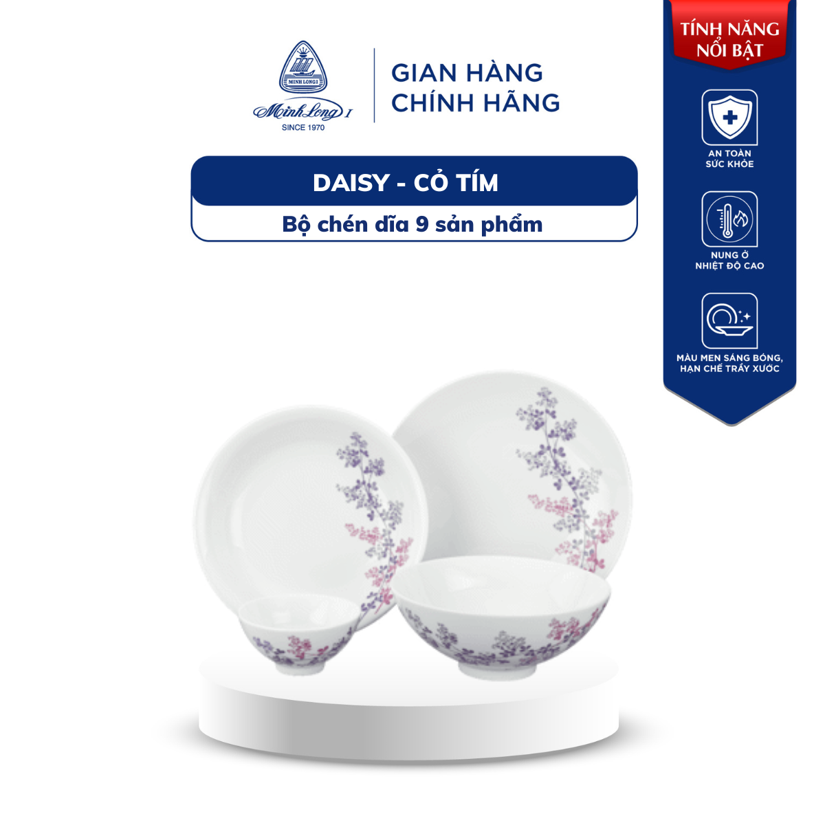 [QUÀ TẶNG ĐƠN 600K] Bộ Chén Dĩa Sứ Minh Long 9 Sản Phẩm - Cỏ Tím