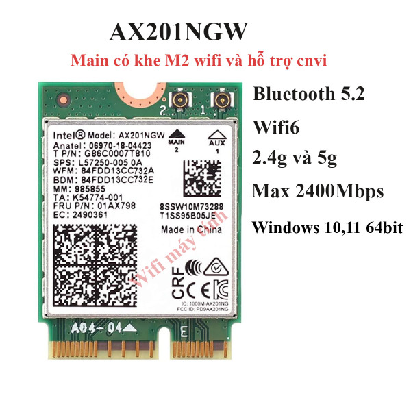 Card Wifi Intel AX201 Dualband 2.4Ghz 5Ghz BT 5.0 Dành Cho Laptop và PC có khe M2 Wifi và hỗ trợ CNVI CPU 10th trở lên