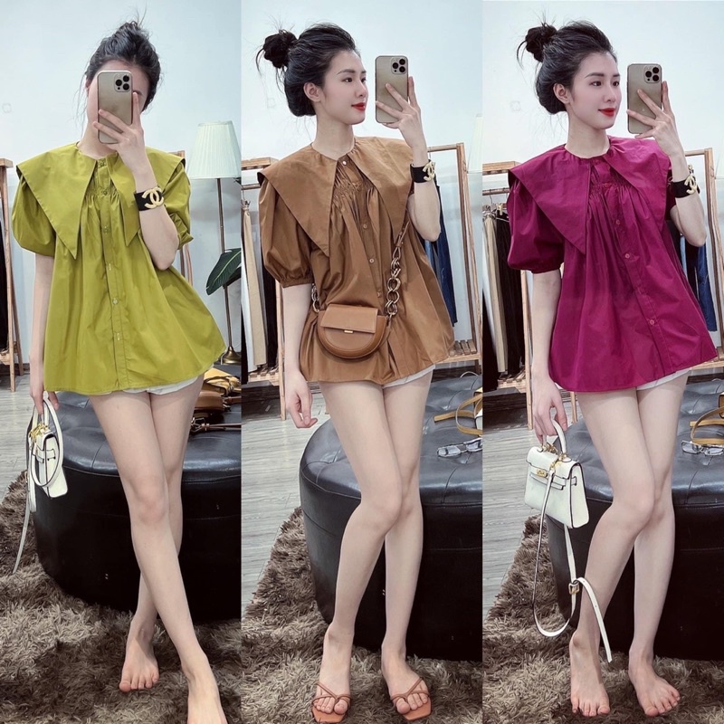 Áo sơ mi thô cổ lá from rộng gs95