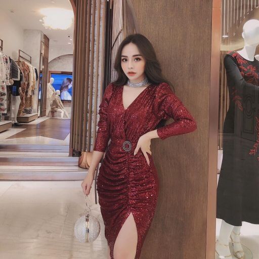 Đầm Body Kim Sa Cao Cấp eo phối belt đá xẻ đùi