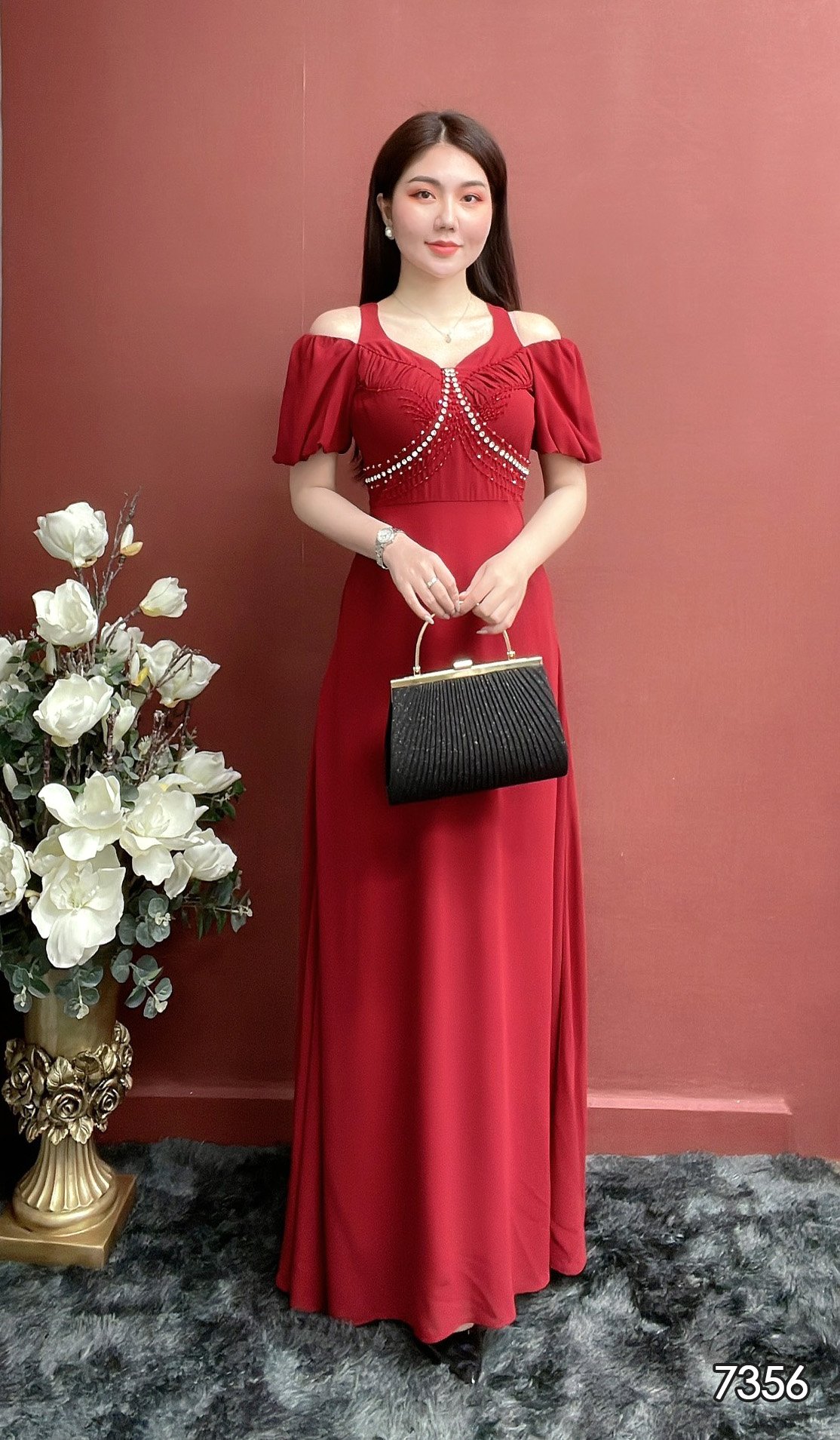 Đầm emy em7356 dạ hội đỏ cổ cách điệu
