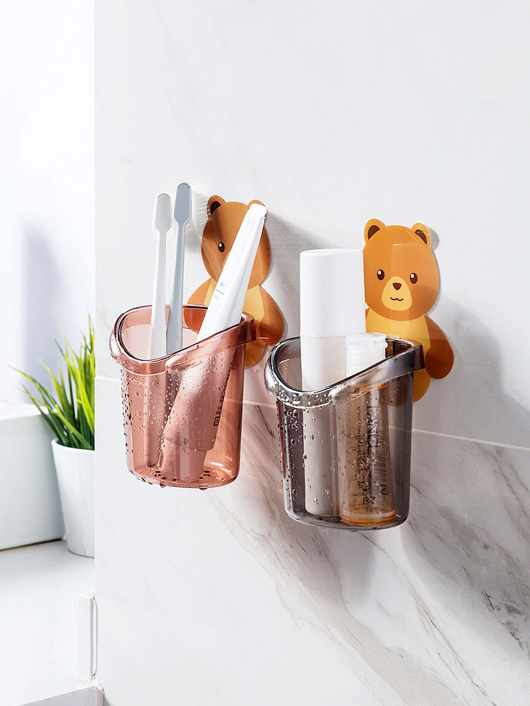 Ly cốc dán tường hình gấu nâu đựng bàn chải, kem đánh răng, đồ dùng nhà tắm - kệ nhà tắm dán tường