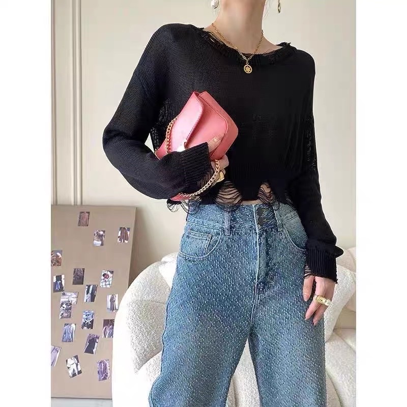 áo len dệt kim mỏng kiểu rách dáng croptop (có đệm vai) (1240#)