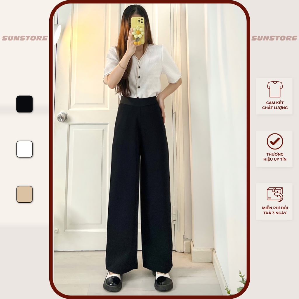 Quần ống rộng nữ lưng cạp cao vải culottes khoá sườn dáng suông dài chất dày màu đen be OriPant Q34 - Sunstore