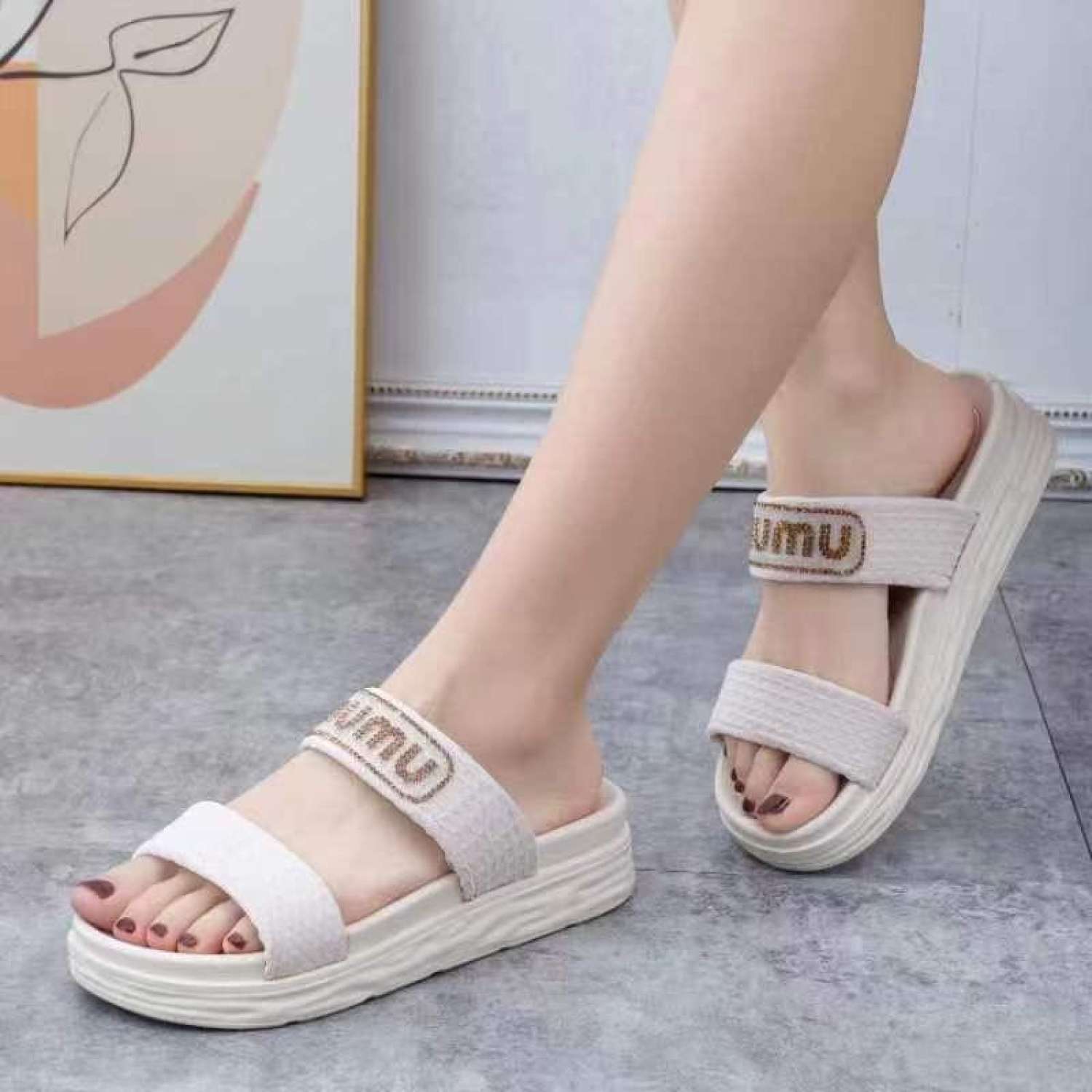 Dép Thời Trang Nữ MUMU 2 Quai Vải Đính Cườm Đế 4cm-Tăng 1 Size