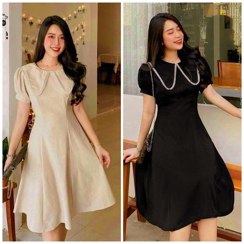 Đầm cổ bèo viền ren 2 màu