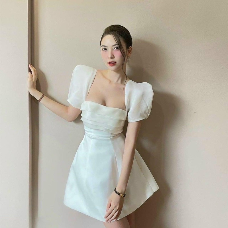 ĐẦM TIỆC TAY PHỒNG CỔ VUÔNG PHỐI VOAN (có bigsize)