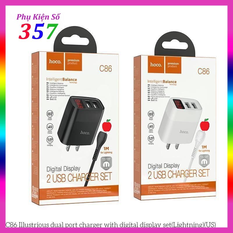 Bộ củ cáp  2.4A Hoco C86  2 cổng USB màn LED, Chân ip, Micro, Type-C - BH 12 tháng