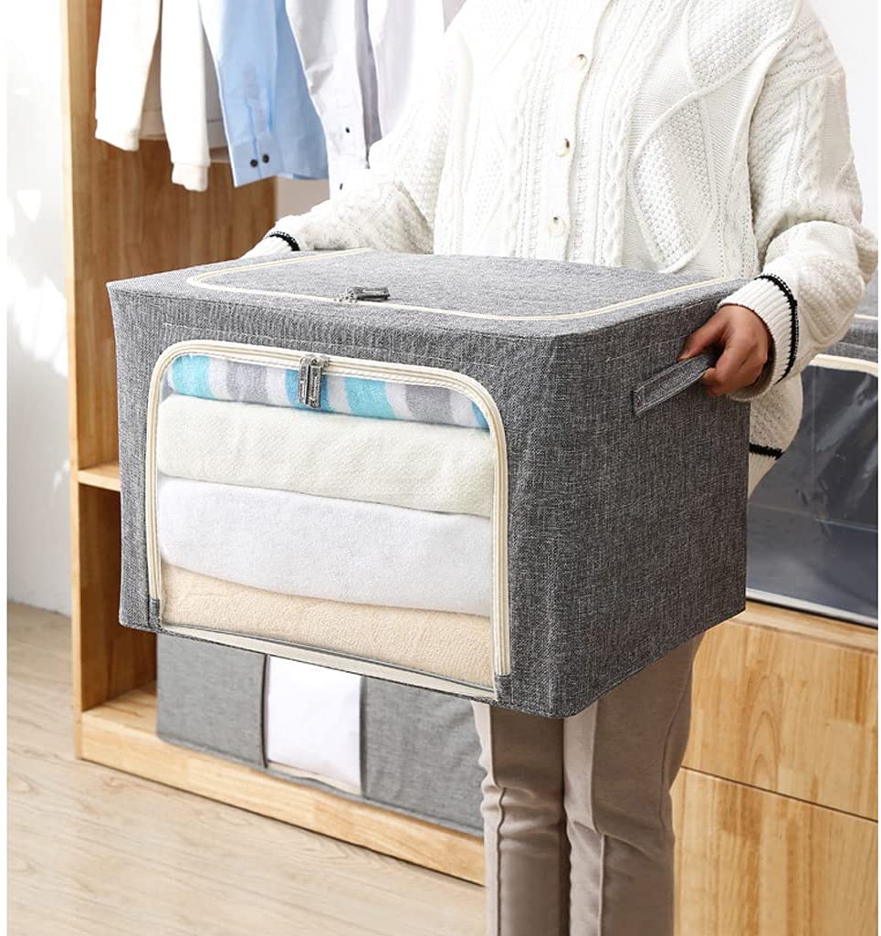 [TỦ VẢI ĐỰNG QUẦN ÁO - HỘP ĐỰNG ĐỒ ĐA NĂNG] Foldable Storage Box Cloth Fabric Storage Bins Steel Frame Clothes Storage Bag Containers Organizer with Clear Window Carry Handles for Bedding Blankets (Beige 66L) - Hãng DODODIOS - Màu ngẫu nhiên