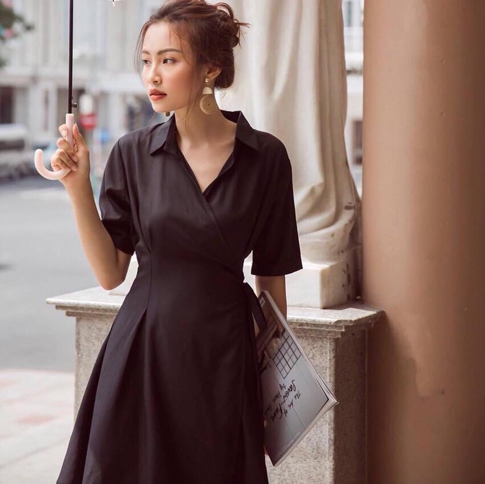 [HCM]Đầm sơ mi đen đắp tà