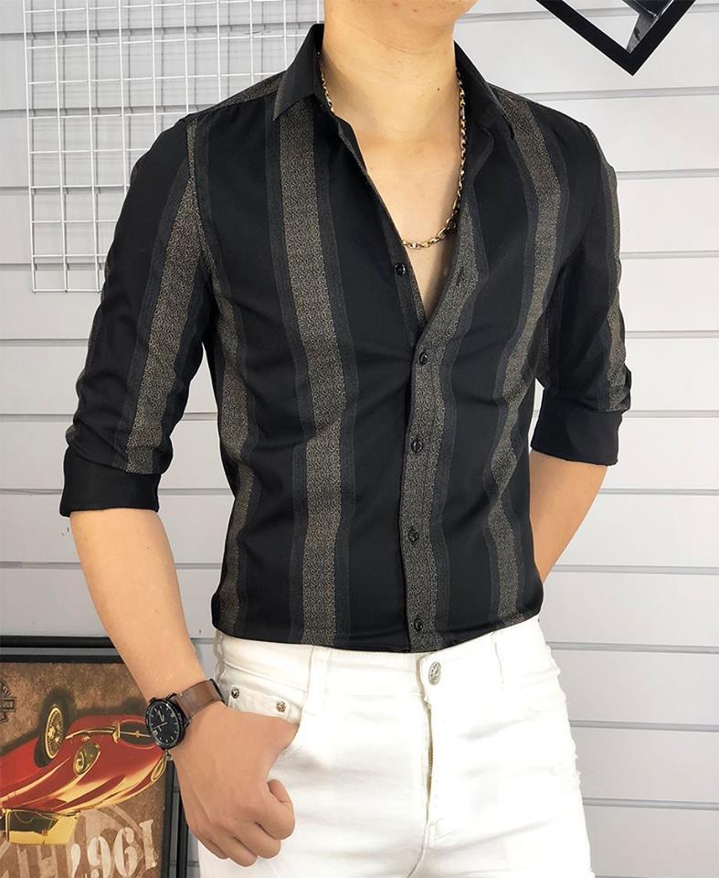 Áo sơ mi nam sọc xám đen thời trang chất lụa không nhăn