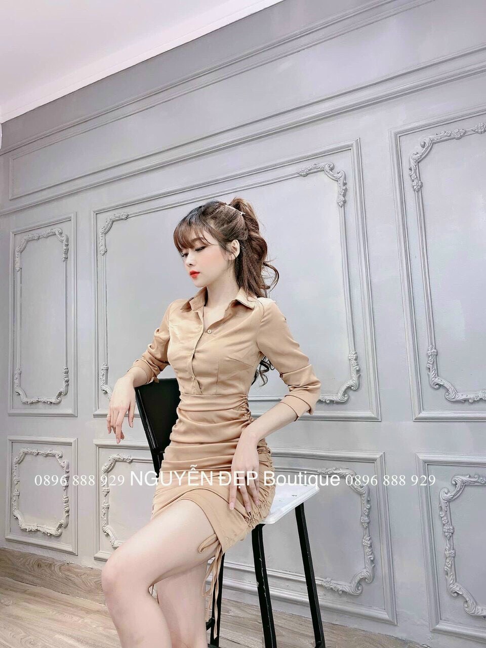 [HCM]Đầm nhún cổ sơ mi cao cấp ba màu ( màu be màu trắng và màu đen )