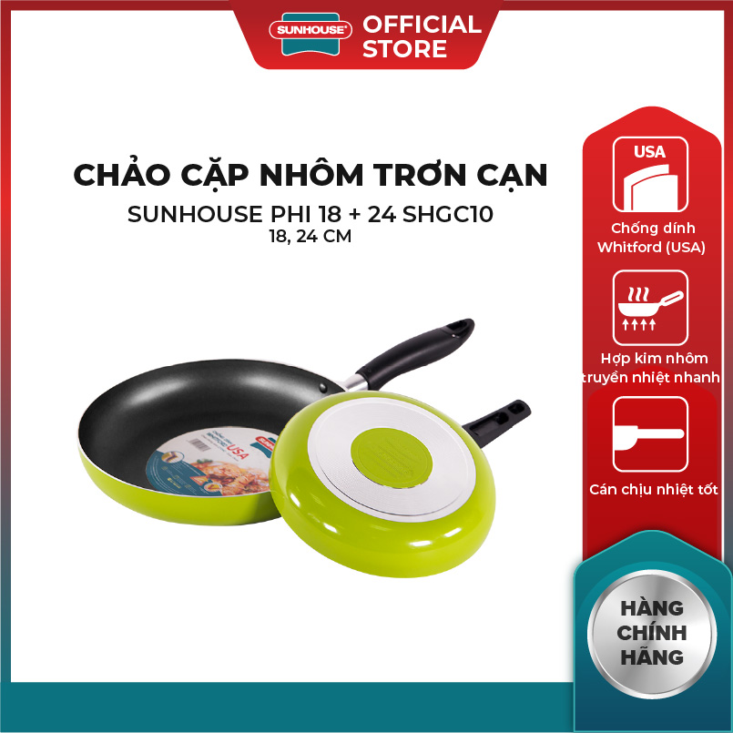 Chảo cặp nhôm trơn cạn sunhouse phi 18 + 24 , 18 & 24 cm, chống dính whitford , hợp kim nhôm truyền nhiệt nhanh , cán chịu nhiệt tốt, hàng chính hãng