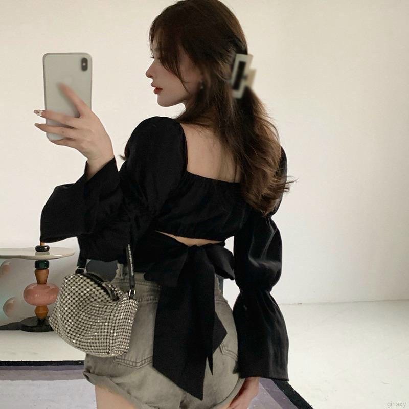 Áo kiểu bẹt vai chéo tà phối dây nơ cột sau có mod ngực m7