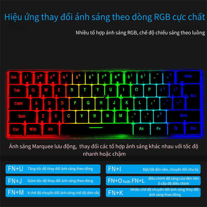 Bàn Phím Cơ  RGB Led Chế Độ Có Dây  Bố cục 61 phím Silicon lỏng,switch màng Cắm là sử dụng ,Type-c/USB, phân tách riêng bàn phím và dây