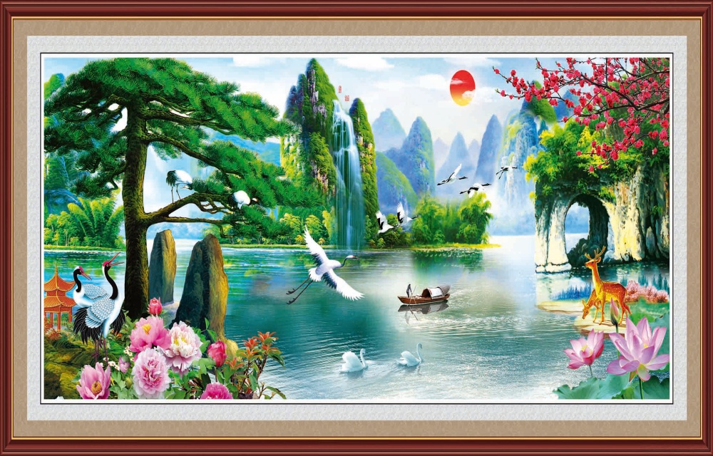 Tranh dán tường 3d phòng khách sơn thủy